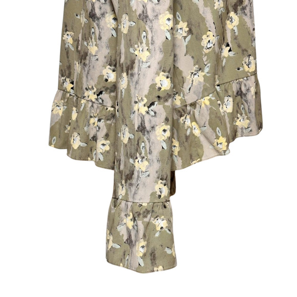 FLAX Brand Green Watercolor Floral Collared Bell Sleeve Peplum Boho Top Large - Picture 5 of 9